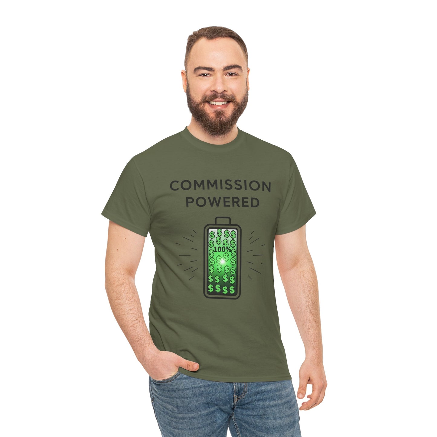 Commission Powered Unisex Heavy Cotton Tee, Funny Graphic T-Shirt, Gifts for Entrepreneurs, Casual Wear, Office Humor Tee, Sales Humor, Salesman Humor