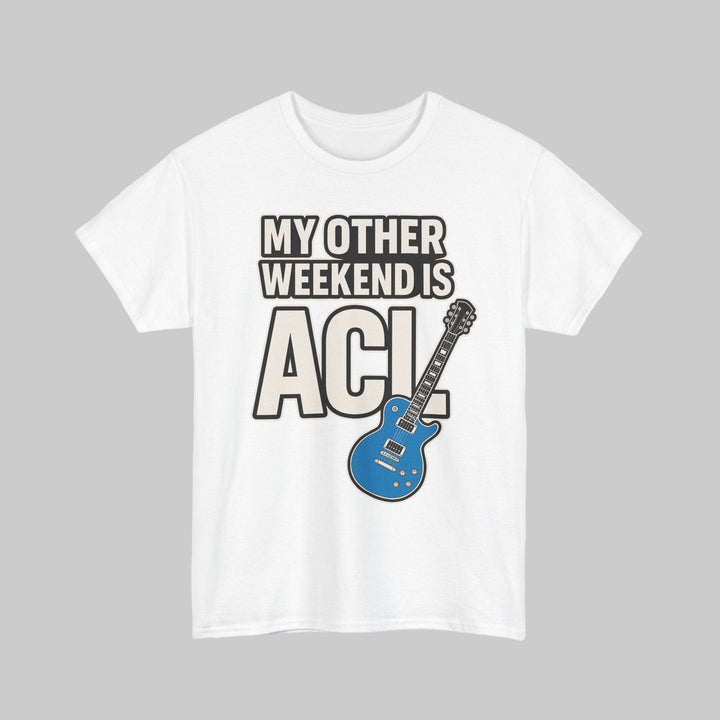White t-shirt with blue guitar graphic and text 'My other weekend is ACL' on a white background