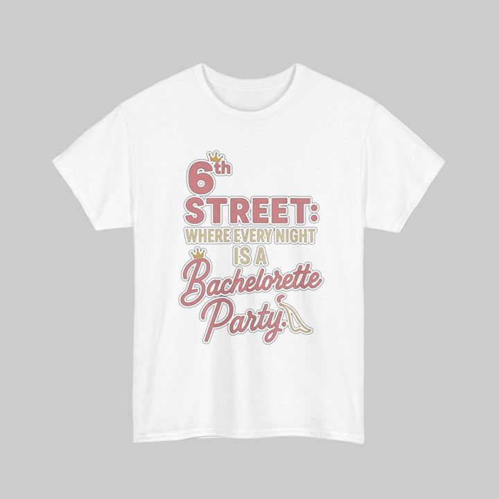 White t-shirt with red and pink text on a white background