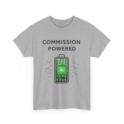 Commission Powered Unisex Heavy Cotton Tee, Funny Graphic T-Shirt, Gifts for Entrepreneurs, Casual Wear, Office Humor Tee, Sales Humor, Salesman Humor