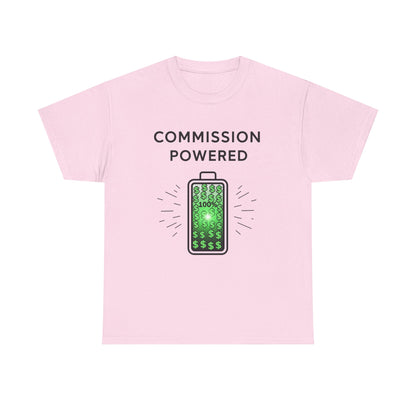 Commission Powered Unisex Heavy Cotton Tee, Funny Graphic T-Shirt, Gifts for Entrepreneurs, Casual Wear, Office Humor Tee, Sales Humor, Salesman Humor