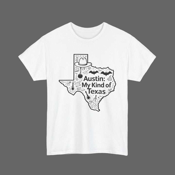 White t-shirt with black graphic of Texas and text 'Austin: My Kind of Texas' on a white background