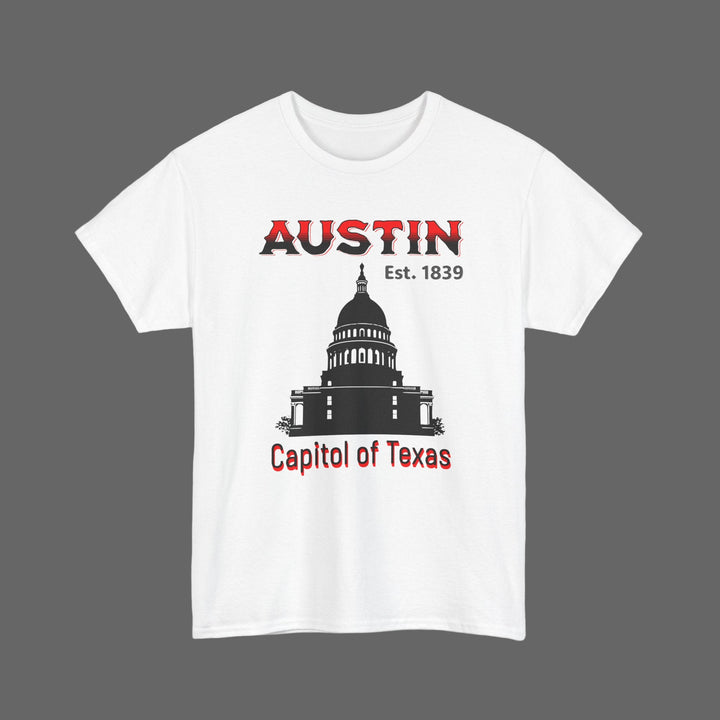White t-shirt with 'Austin, Capital of Texas' design featuring a capitol building silhouette.