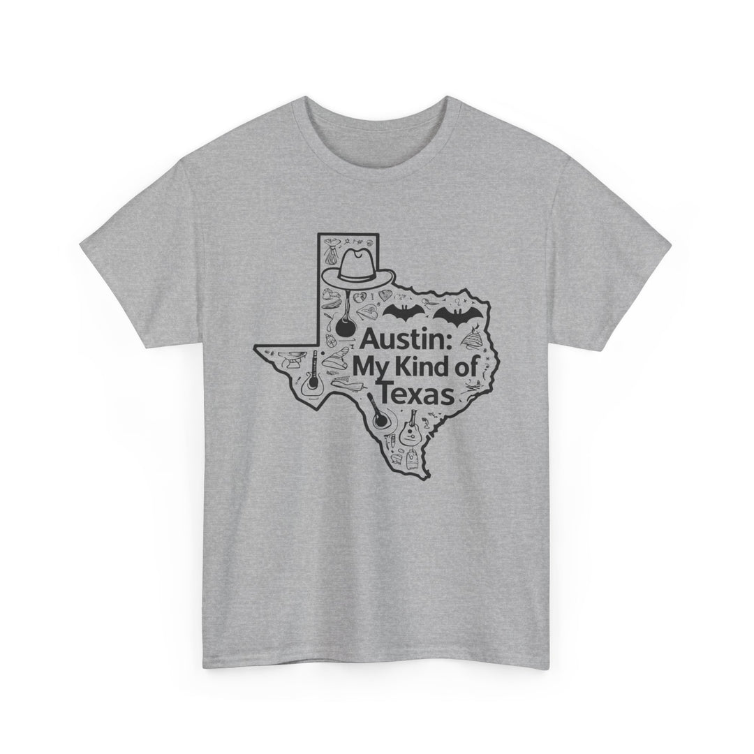 Gray t-shirt with a graphic of Texas and 'Austin: My Kind of Texas' text on a white background