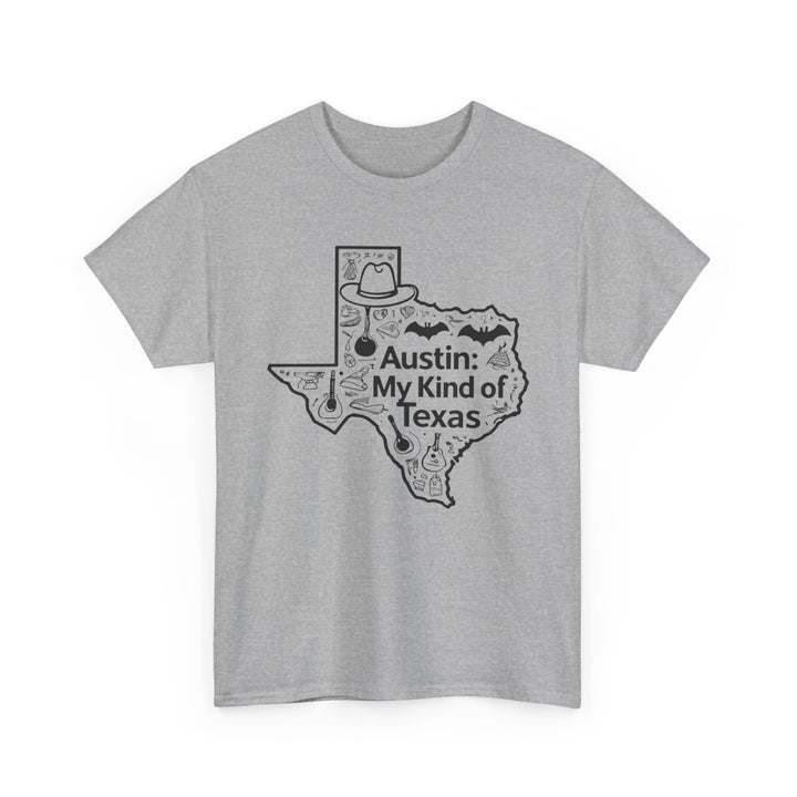 Gray t-shirt with a graphic of Texas and 'Austin: My Kind of Texas' text on a white background