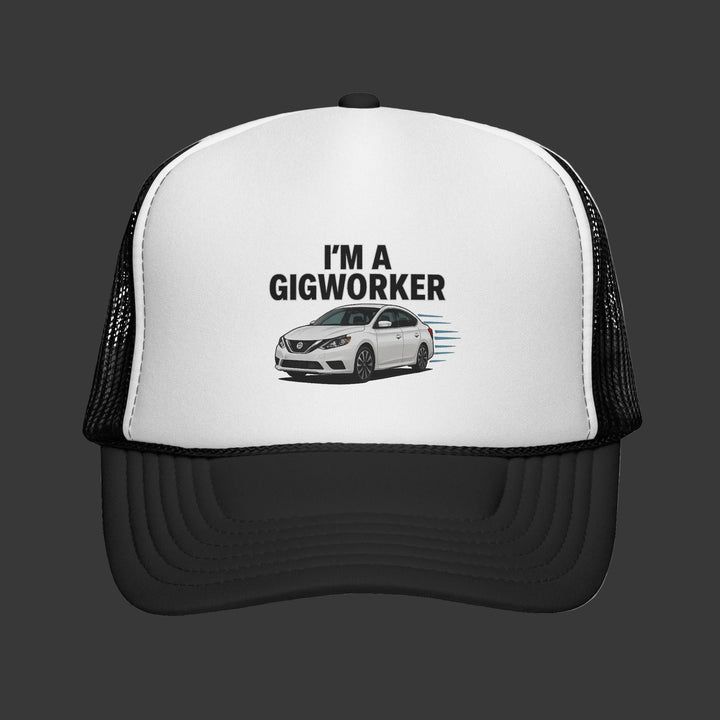 Trucker hat with 'I'm a Gigworker' text and car illustration on a white background