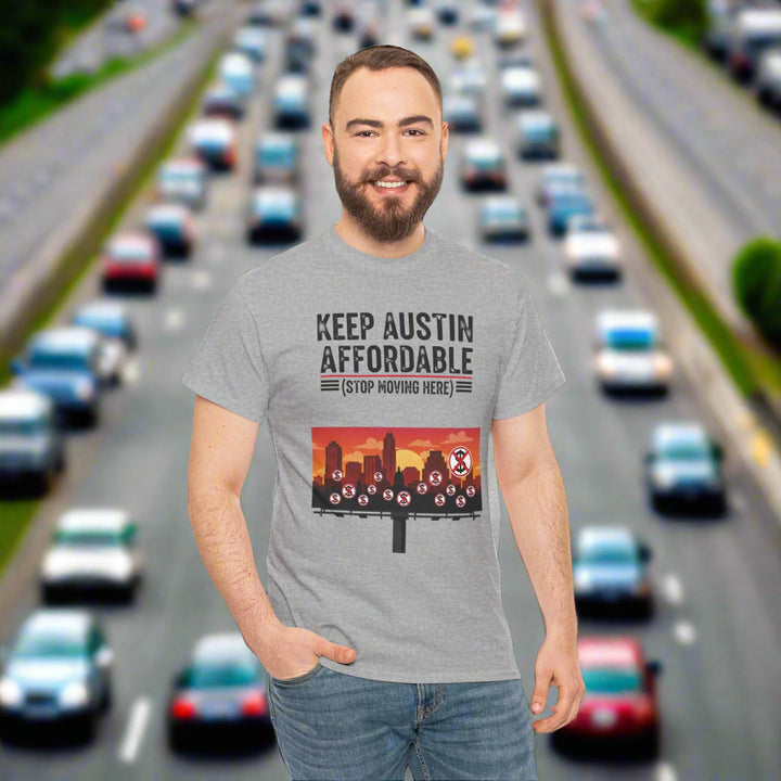 Man wearing a gray t-shirt with 'Keep Austin Affordable' design on a white background