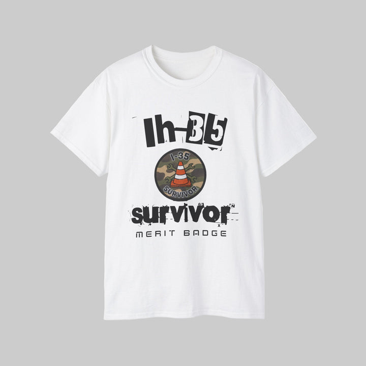 White t-shirt with graphic design and text on a white background