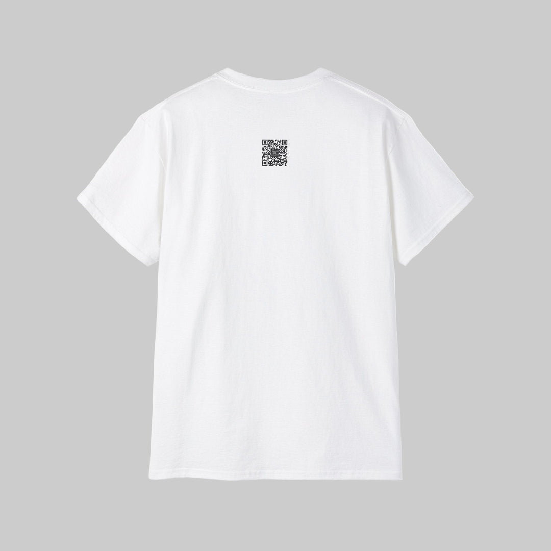 White t-shirt with a QR code on the back against a white background