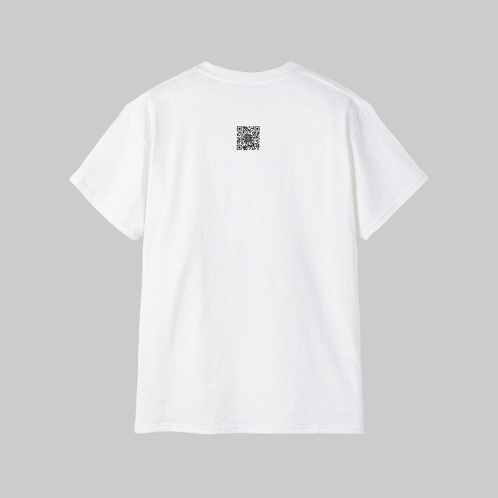 White t-shirt with a QR code on the back against a white background