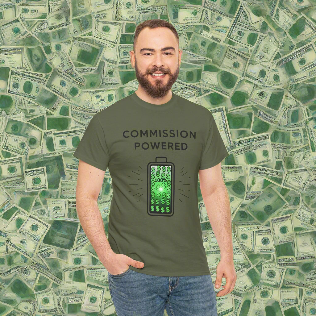 Man wearing a green t-shirt with 'Commission Powered' design on a white background