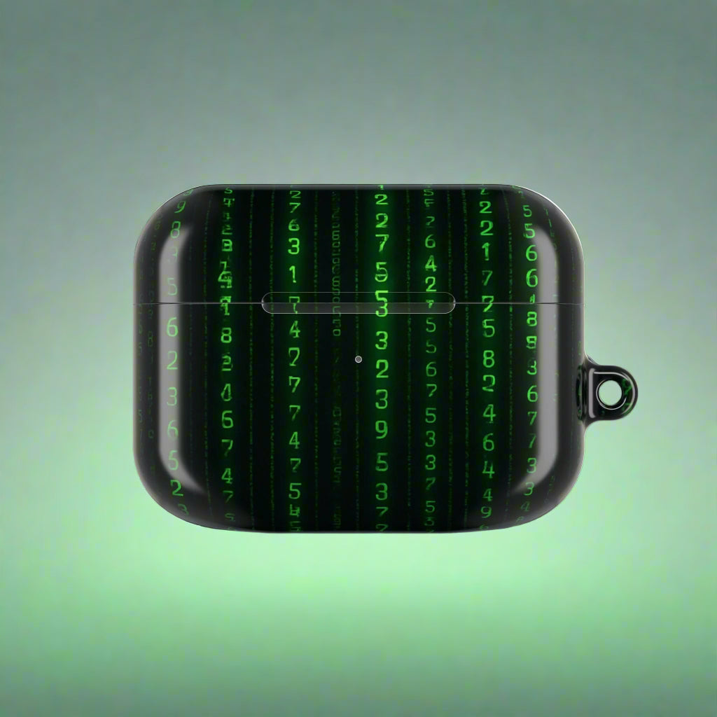 Black case with green digital matrix pattern on a white background