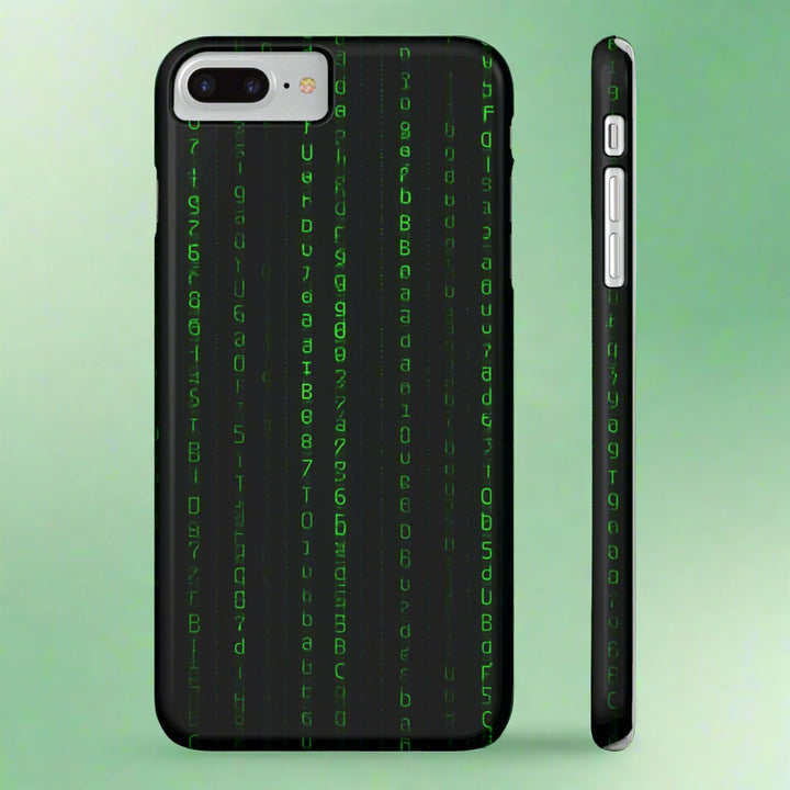 Phone case with green digital code pattern on a black background