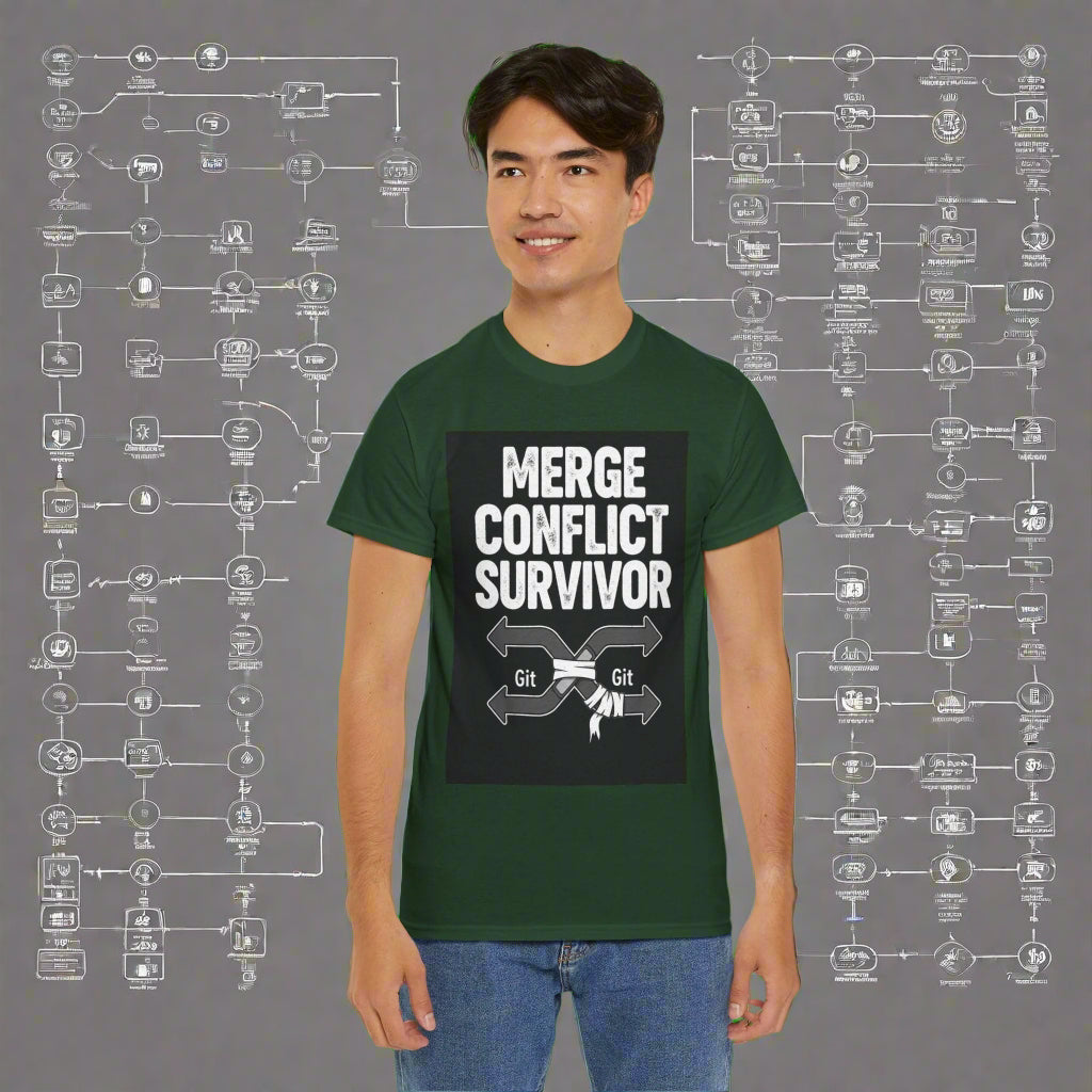 Person wearing a green t-shirt with 'Merge Conflict Survivor' text on a white background